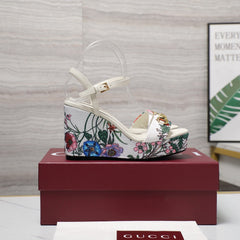 GG WEDGE HEEL SANDALS 100 IN WHITE FABRIC FLORAL PRINT