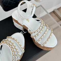 Double C Wooden Chain Platform Block Heel Sandals White