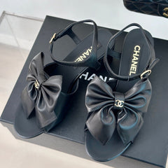 Double CC Big Bow High Sandal Sheepskin Black