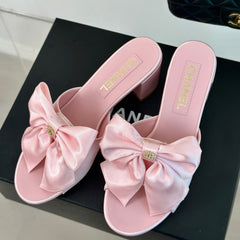 Double CC Big Bow High Heels Sheepskin Light Pink