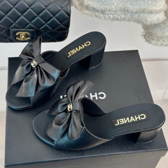 Double CC Big Bow High Heels Sheepskin Black