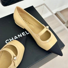 Double C Milan Runway Pointed Toe Mary Jane Shoes Dark Cream Black Lambskin