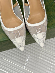 GG HIGH SLINGBACK 8.5 CM IN WHITE CLASSIC POINTED-TOE MESH WITH RHINESTONE EMBELLISHMENTS