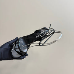 STRAP HIGH BAMBOO-EFFECT HEEL SANDAL IN BLACK PATENT CALFSKIN