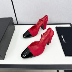 HIGH SLINGBACK ROSE RED TWEED AND BLACK CALFSKIN
