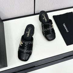 CC HIGH MULE IN BLACK WOOL TWEED AND CALFSKIN GOLD HARDWARE