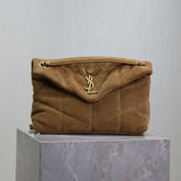YSL 25S LOULOU PUFFER MM 29 IN TAN BROWN SUEDE GOLD HARDWARE