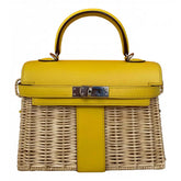KELLY 20CM JAUNE DE NAPLES SWIFT IN YELLOW LEATHER AND WICKER SILVER HARDWARE
