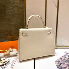 HM KELLY 25CM WHITE EPSOM LEATHER GOLD HARDWARE