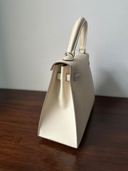 HM KELLY 25CM WHITE EPSOM SILVER HARDWARE