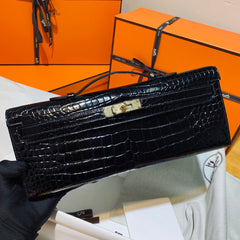 KELLY CUT 31 IN BLACK SHINY ALLIGATOR LEATHER WITH GOLD HARDWARE (MADE-TO-ODER)
