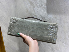 KELLY CUT 31 IN ASH GRAY SHINNY ALLIGATOR LEATHER WITH SILVER HARDWARE (MADE-TO-ODER)