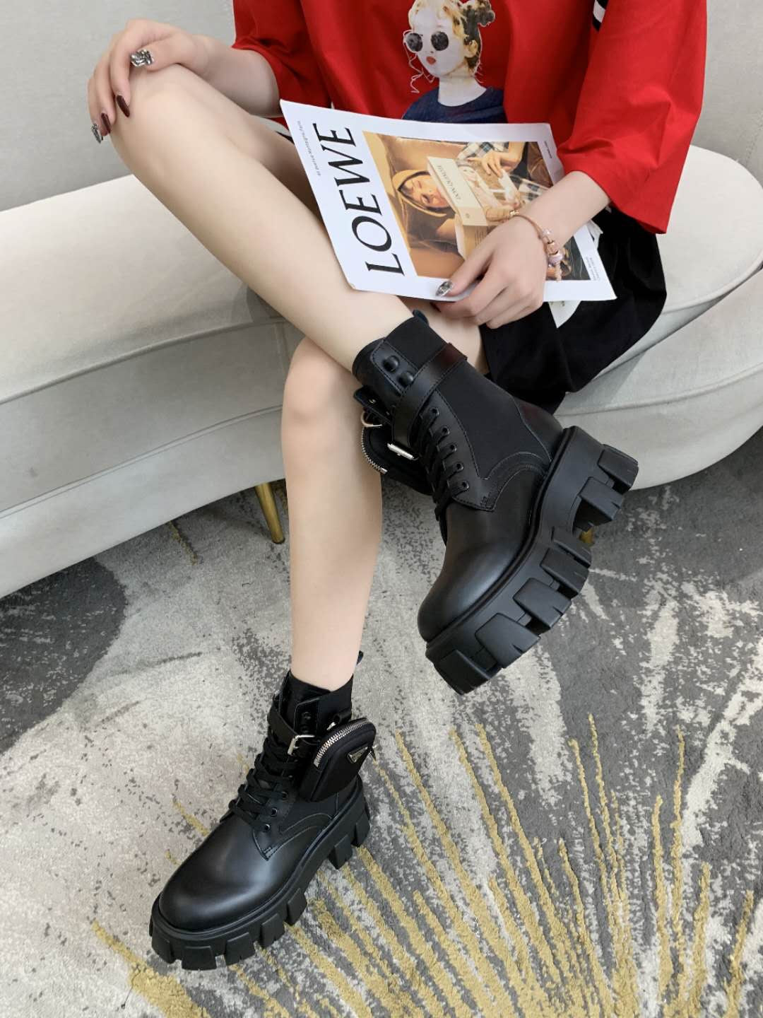 PRADA 26S HIGH TOP MONOLITH SHOES IN BLACK CALFSKIN AND FABRIC WITH POUCH