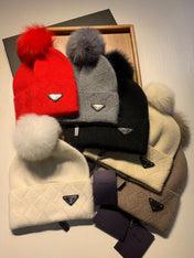 BEANIE HAT IN CHERRY RED WOOL AND RABBIT FUR 361436