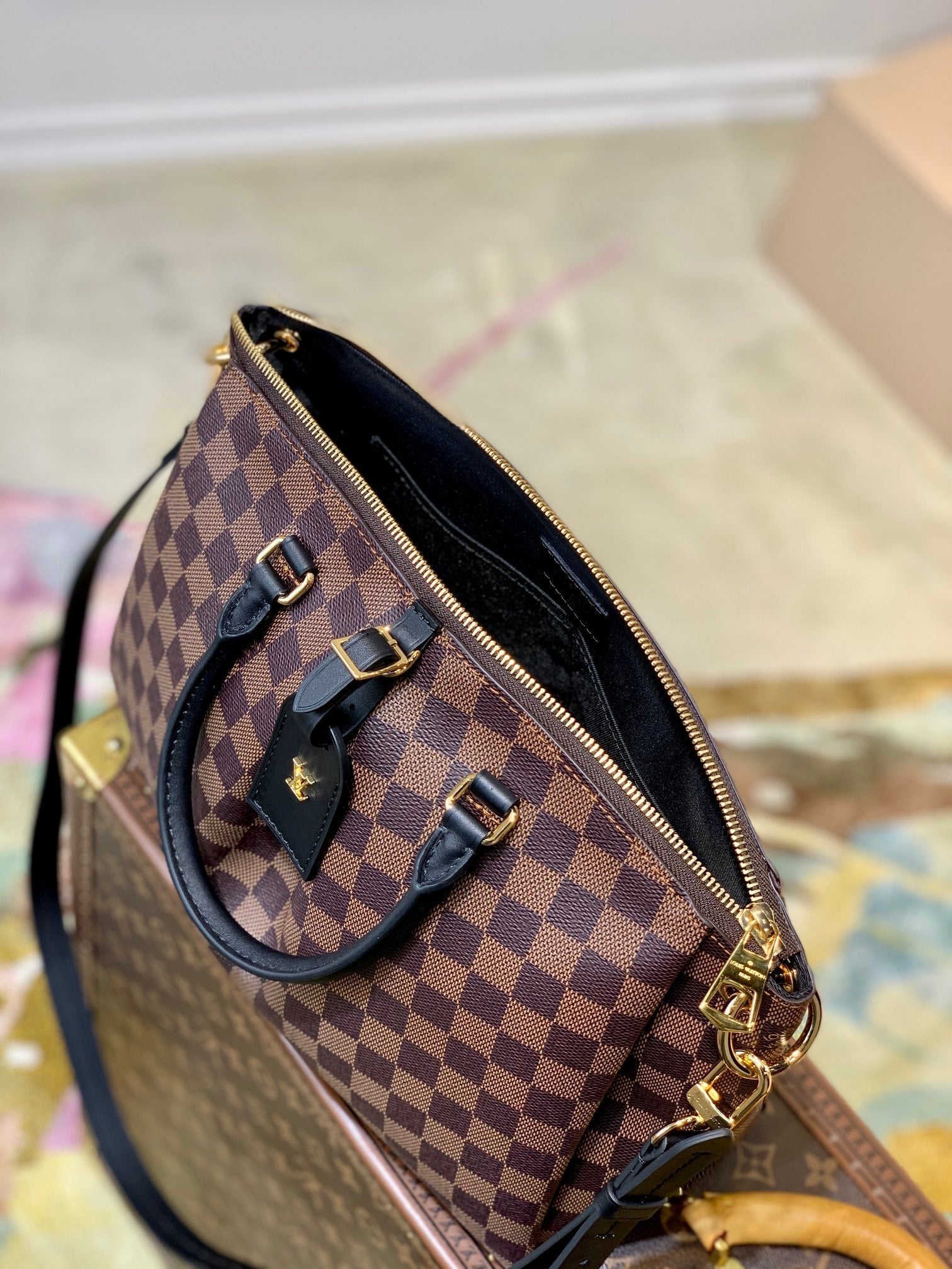 BOÉTIE PM TOTE 31.5 IN BROWN CHECKERED PATTERN MONOGRAM COATED CANVAS