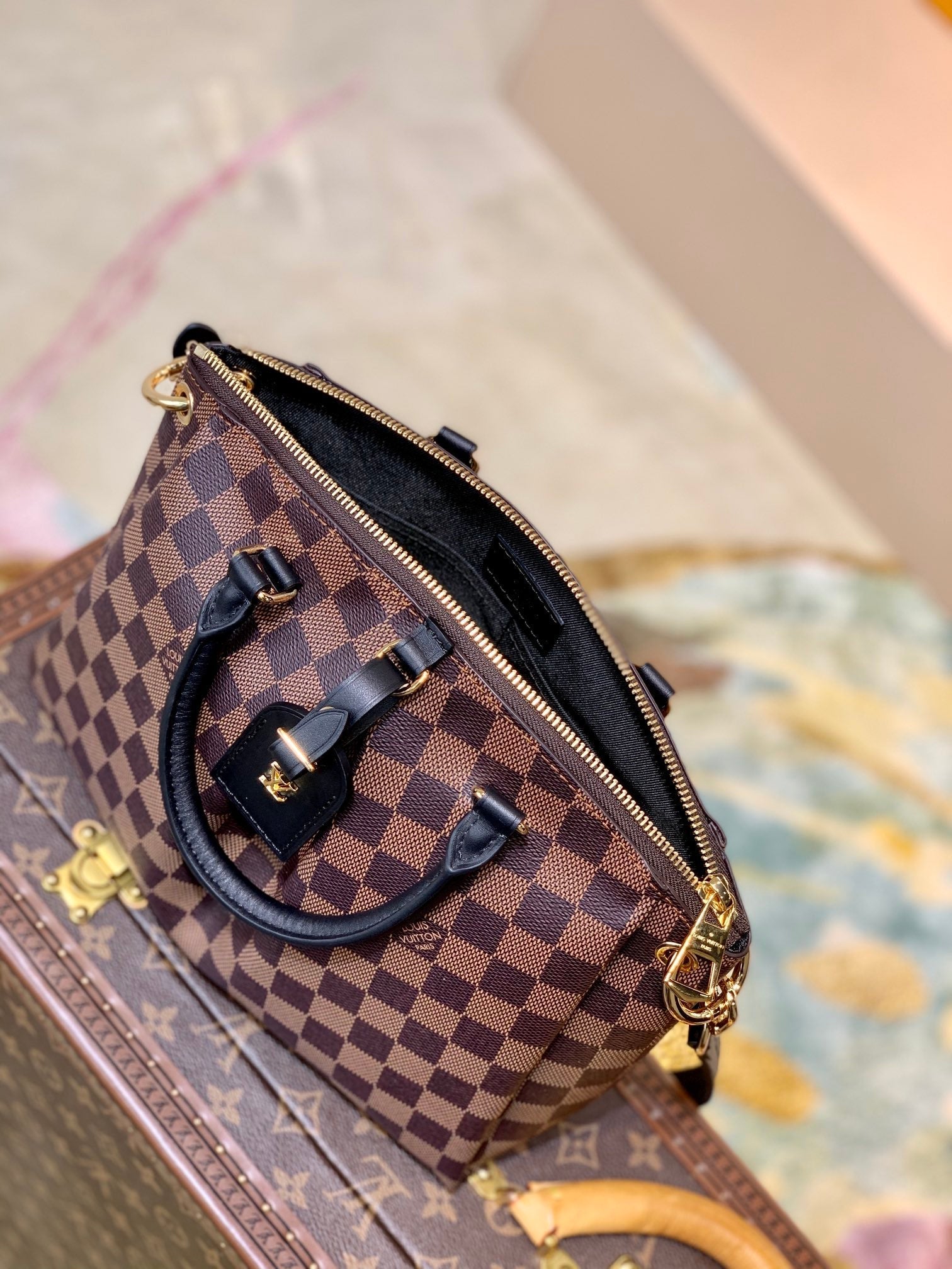 BOÉTIE PM TOTE 25 IN BROWN CHECKERED PATTERN MONOGRAM COATED CANVAS