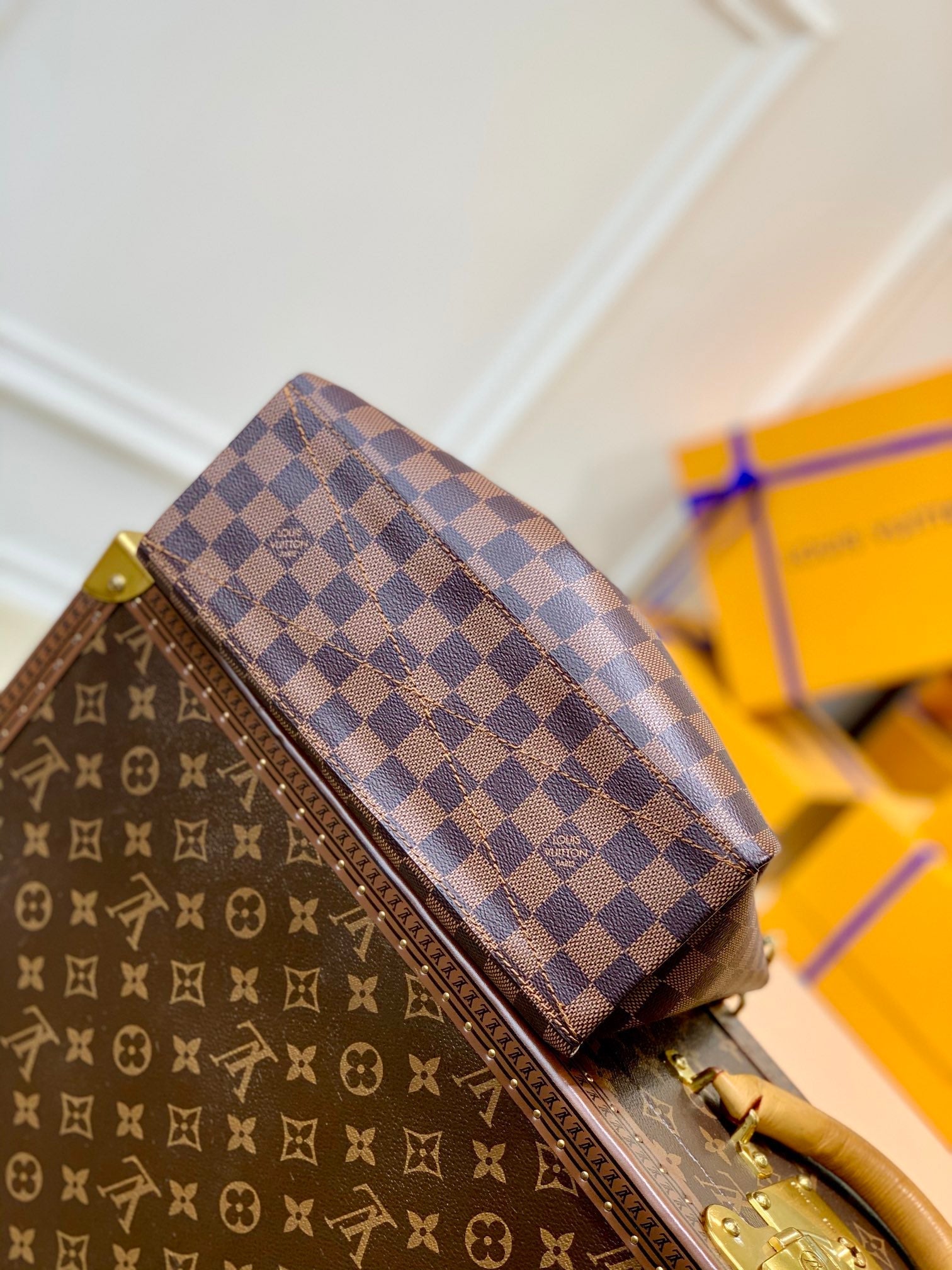 BOÉTIE PM TOTE 25 IN BROWN CHECKERED PATTERN MONOGRAM COATED CANVAS