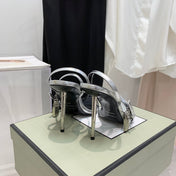 PADLOCK HIGH HEEL 10 CM SANDAL IN SILVER SHEEPSKIN