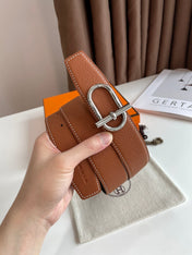 HM ITHAQUE BELT SILVER BUCKLE & REVERSIBLE CINNAMON BROWN AND BLACK LEATHER STRAP 38MM