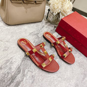 ROMAN STUD CHERRY RED CALFSKIN FLAT SLIDE SANDAL 25 MM