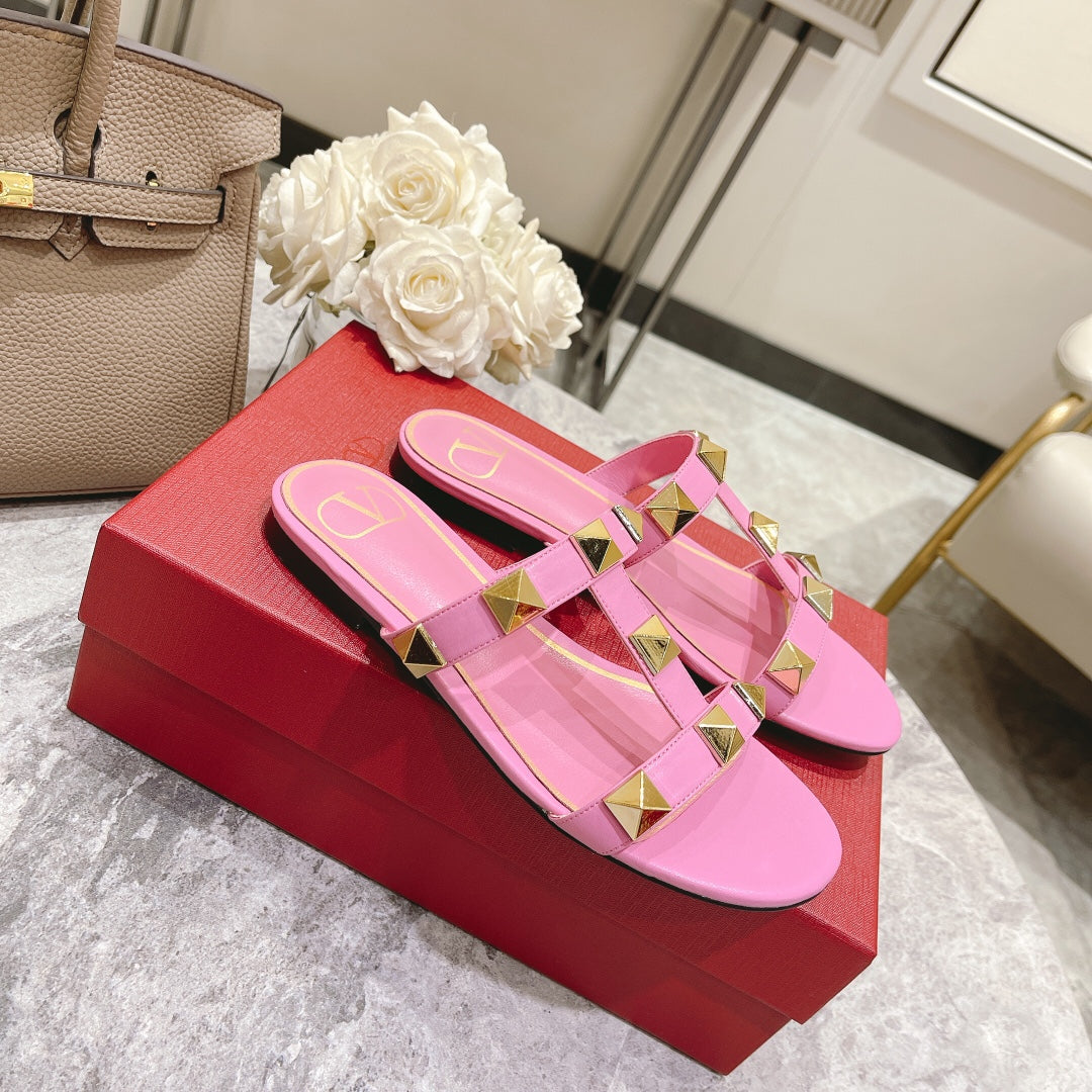 ROMAN STUD BRIGHT PINK CALFSKIN FLAT SLIDE SANDAL 25 MM