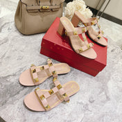 ROMAN STUD PALE PINK CALFSKIN FLAT SLIDE SANDAL 25 MM