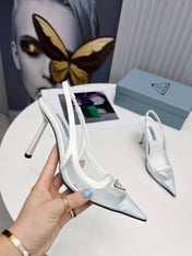 PRADA 26S SLINGBACK PUMPS STILETTO HEEL 95MM IN WHITE MESH WITH LOGO