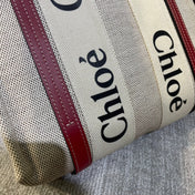 SMALL STRAP WOODY TOTE BAG 26.5 IN BEIGE LINEN CANVAS BLACK WEBBING LOGO EMBROIDER RED CALFSKIN