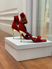 BALMAIN 25S THIN STRAP HIGH HEELS 105MM IN DARK RED SUEDE GOLD HARDWARE
