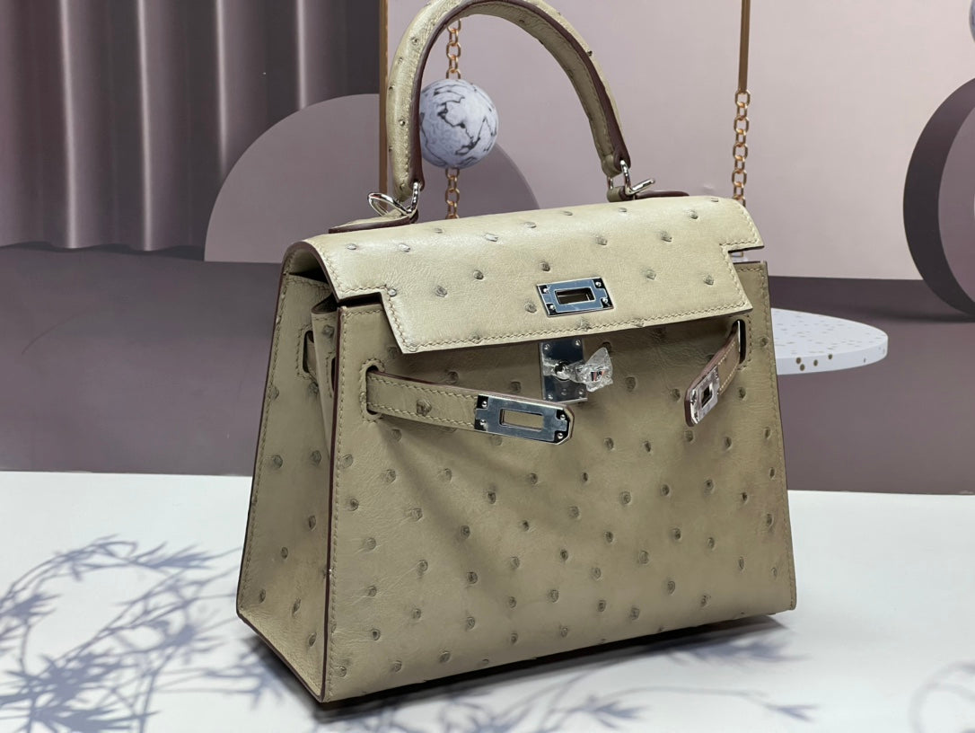 KELLY BAG 20 IN KHAKI TAN OSTRICH LEATHER WITH SILVER HARDWARE