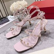 HIGH HEEL 6 CM SANDAL IN LIGHT PINK LAMBSKIN WITH STUDS