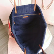 TOTE BAG 40 IN STRIPED PATTERN OF BLACK RED AND CREAM WHITE WOVEN RAFFIA