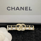 CHANEL 26S DOUBLE C LOGO CHAIN WEAVE BAR HAIR CLIP IN BLACK & WHITE LEATHER AND GOLD METAL 629927