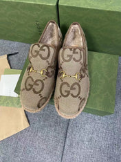 GG HORSEBIT LOAFER IN ECRU BEIGE WOVEN FABRIC AND WOOL MIX LAMB FUR LINING
