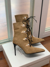 BALMAIN 26S BOOT 95 MM IN LIGHT BROWN SUEDE PEARL BUTTON