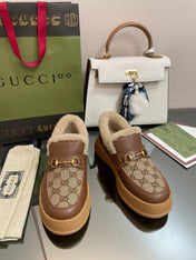 GG LOAFER IN PEANUT BROWN JACQUARD AND CHOCOLATE BROWN CALFSKIN WITH BEIGE WOOL LINING