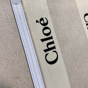 LAGRE WOODY TOTE BAG 45 IN BEIGE LINEN CANVAS BLACK WEBBING LOGO EMBROIDER WHITE CALFSKIN