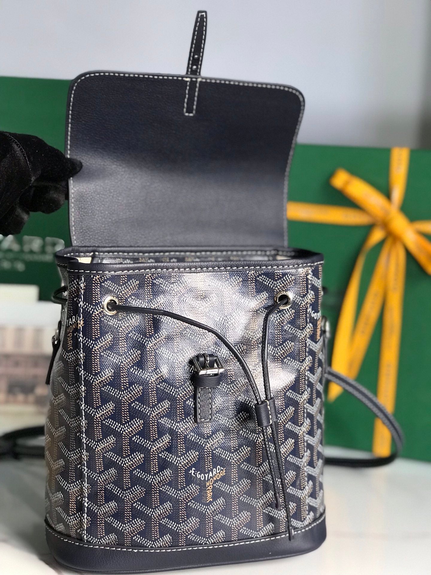 ALPIN MINI BACKPACK 21 IN NAVY BLUE LAMBSKIN AND GOYARDINE CANVAS