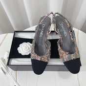 CHANEL 26S HIGH-HEEL SLINGBACKS 65 MM IN BLACK MIX GREY TWEED