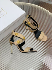 BALMAIN 25S CROSSOVER STRAP HIGH HEELS 95MM IN LIGHT BROWN CALFSKIN