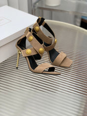 BALMAIN 25S CROSSOVER STRAP HIGH HEELS 95MM IN LIGHT BROWN SUEDE
