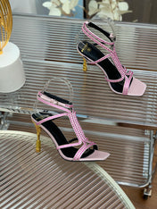 BALMAIN 25S MONETA SANDAL 95MM IN LAVENDER PINK CALFSKIN WITH CRYSTAL