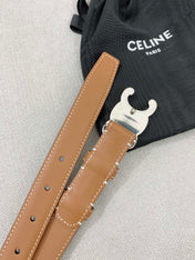 CELINE 25S TRIOMPHE BELT 25MM IN BROWN CALFSKIN SILVER HARDWARE 580678