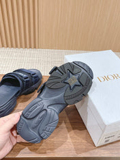 DIOR PLATFORM SLIDES 25S 30 MM IN MIDNIGHT BLUE FABRIC AND CALFSKIN