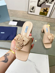 PRA FLOWER BLOCK HEELS 75 BEIGE CALFSKIN