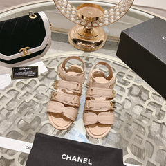 Double C  Xiaoxiang Chain Fabric Head Chunky Sandal Cream Lambskin