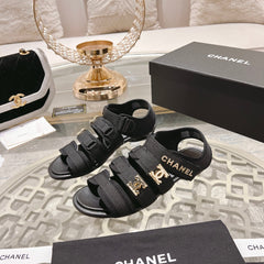 Double C  Xiaoxiang Chain Fabric Head Chunky Sandal Black Lambskin