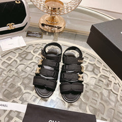 Double C  Xiaoxiang Chain Fabric Head Chunky Sandal Black Lambskin