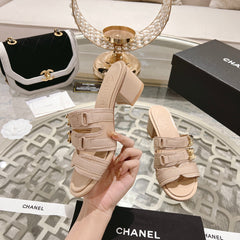 Double C  Xiaoxiang Chain Fabric Head Chunky High Heel Cream Lambskin