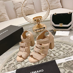 Double C  Xiaoxiang Chain Fabric Head Chunky Heel Sandals Cream Lambskin